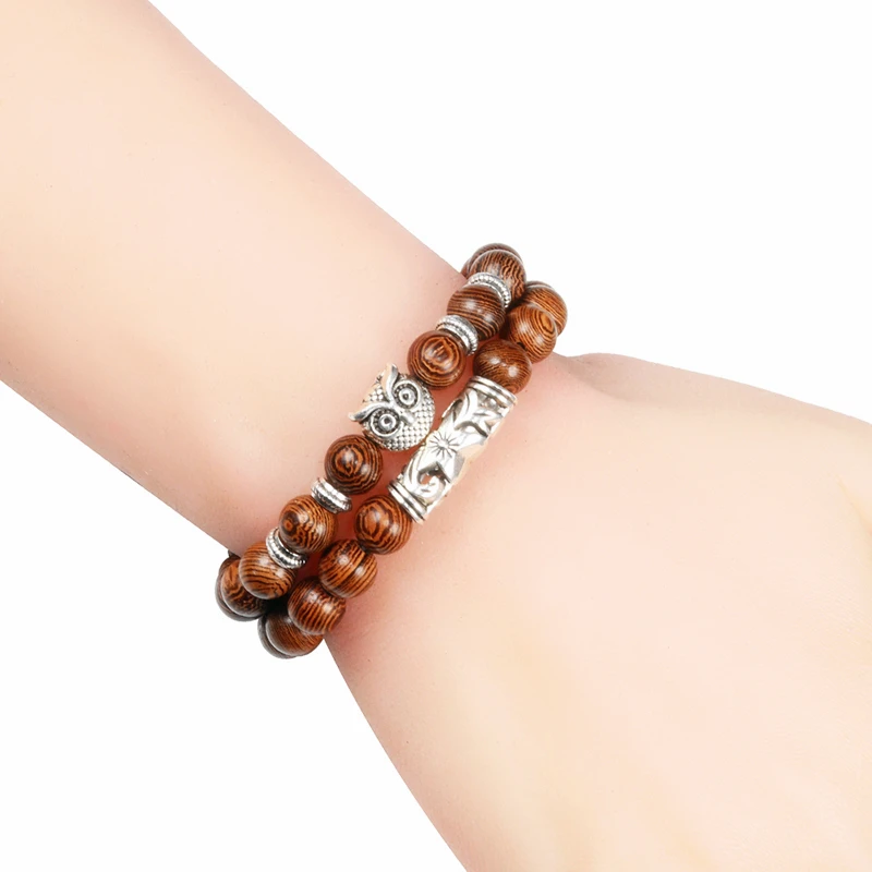 Hot Men Bracelet Wooden Beads Cross 7 Chakra Healing Balance Onyx Bracelets&Bangles Owl Prayer Reiki Buddha Women Jewelry Homme