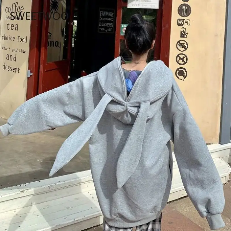 Harajuku Kawaii Bunny Ears Hoodie Women Fashion Top Spring Korea Oversized Loose Thick Zipper Sweatshirt Schoolgirl Cute Clothes