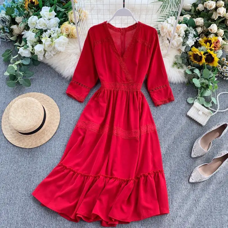 

Foamlina Red Dress Women New Autumn Sexy Hollow Out Floral Lace Patchwork V Neck 3/4 Sleeve A Line Midi Calf Beach Chiffon Dress