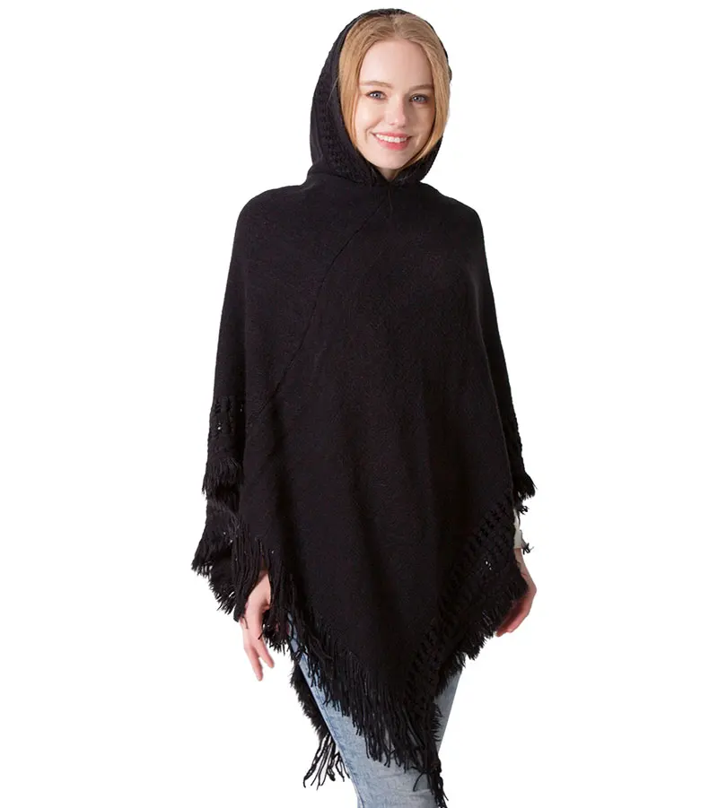 

Hot Sale Luxury Knitted Scarf Poncho Women Shawl Cape Coat Poncho Femme Acrylic Winter Soft Warm Fringe Hooded