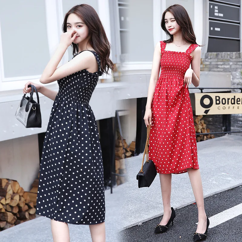 

2019 Summer Wear New Style Korean-style Polka Dot off-Shoulder Red Underwear Fairy Slimming Suspender Strap Base Dress