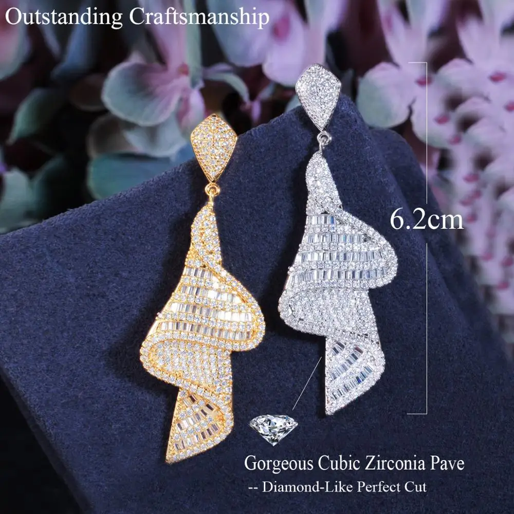 CWWZircons Geometric Sparkling Fancy White Cubic Zirconia Big Long Drop Earrings for Women Dubai Gold Color Bridal Jewelry CZ803