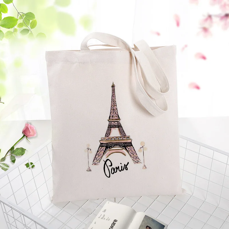 

Paris Pattern Canvas Tote Bag Shopping Bag Handbag Daily Use Text DIY Custom Print Logo Eco Reusable Recycle