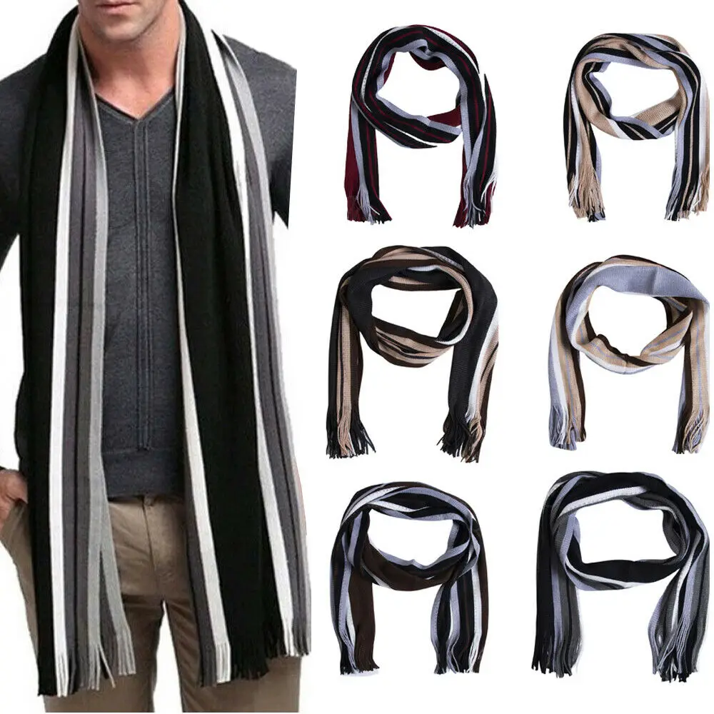 Мужской Длинный мягкий вязаный шерстяной шарф Классическая шаль Зимний теплый полосатый шарф с бахромой