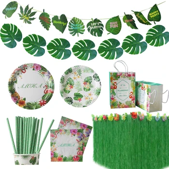 

Jungle Birthday Parties Decoration Artificial Flowers Palm Leaves Bunting Banner Flamingo Tropical Party Wedding Decorations