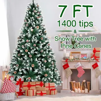 

LaLa Artificial Christmas Tree Decorated with Pine Cones and Red Berries New Year Home 7ft Christmas Tree Decoration