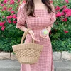2022 New Summer Women's Dresses Square Collar Plaid High Waist Vintage Casual Fashionable Lace Up Sweet Pink Long Dress DR1965 ► Photo 1/6