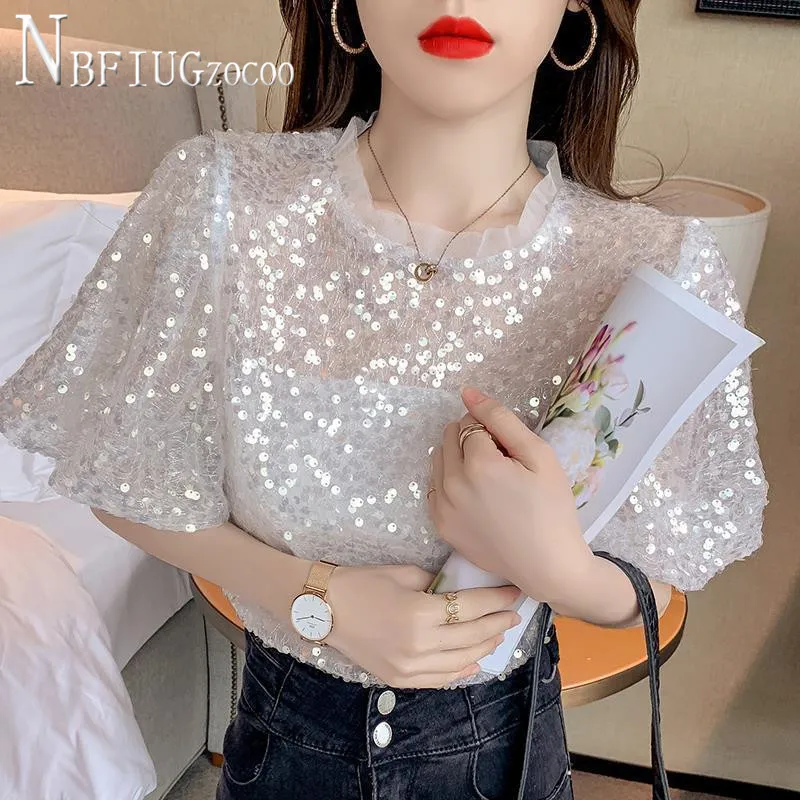 2021 Summer New Korean Chic Women T Shirt Sequin Loose Puff Sleeve Female Tee Tops black t shirt Tees