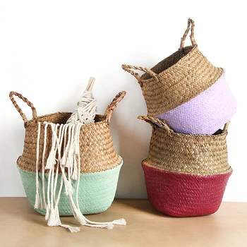 

Handmade Bamboo Storage Baskets laundry basket Straw Patchwork Wicker Rattan Seagrass Belly Garden Flower Pot Planter basket