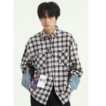 

Homens denim splice manga longa casual camisas xadrez casaco masculino feminino streetwear hip hop solto casal camisas estilo ja