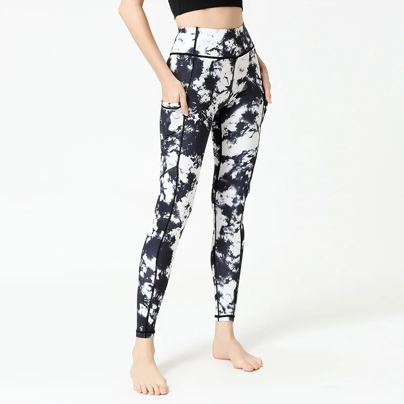 

New Style Yoga Pants Female Pocket Tight High-waisted jian mei ku Europe and America Printed Running Sports jian shen ku Cross B