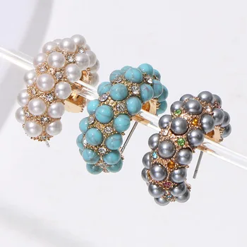 

KOMi Bohemian Style Turquoises Rhinestone Crystal Pearl Dangle Earrings Rhinestone C-shaped Dangle Earrings Female Gift K1331