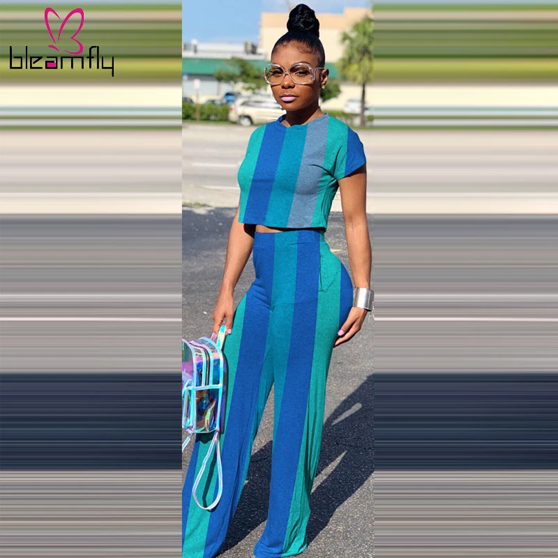 

2019 Women Summer Colorful Stripes Print Short Sleeve T-shirt Straight Pants Suit Two Piece Set Beach Tracksuit Outfit