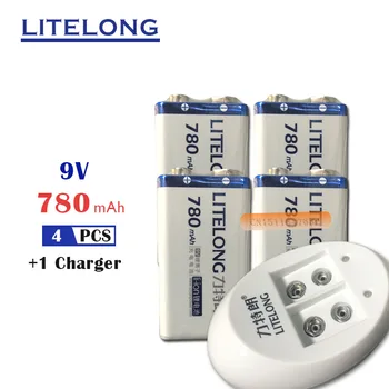 

4pcs 9v LITELONG Rechargeable 780mAh Lithium-ion Battery+1PCS Smart Charger with Adapter