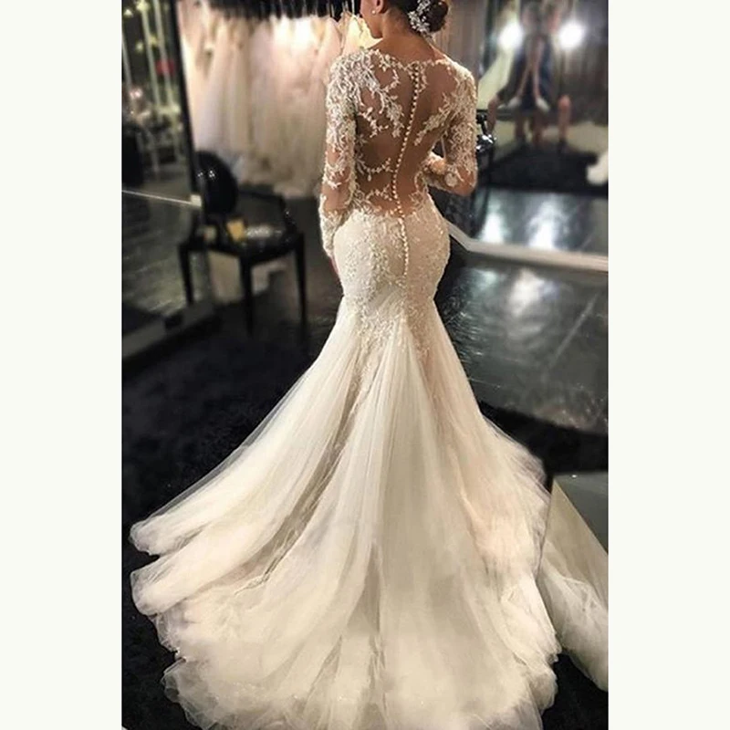 

New Gorgeous Long Sleeve Lace Mermaid Bridal Wedding Dresses Illusion O Neckline Applique Wedding Gowns for Bride Sheer Back