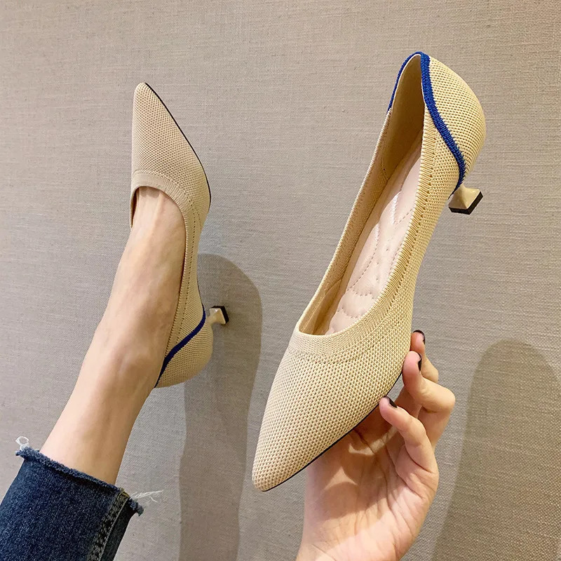 Ballet High Heels Women's 2021 New Spring Knitted Thin Heel Pointed Shallow Mouth Cat Heel Woven Shoes Flying Woven High Heels 6