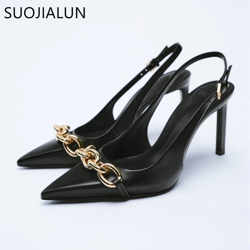 SUOJIALUN New Spring Fashion Crystal Buckle Sandals Women Thick High Heels Pointed Toe Slingback Shoes Elegant Slip On Mule