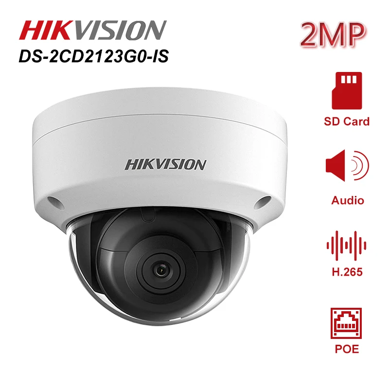Hikvision DS-2CD2123G0-IS 2 Мп ИК Фиксированная купольная POE IP-камера безопасности с аудио