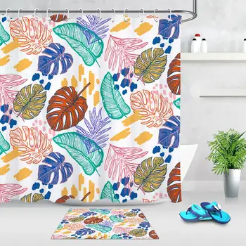 

Watercolor Plant Leaves Tropical Theme Shower Curtain Bathroom Decor Fabric Curtain with 12 Hooks For Home Decoration