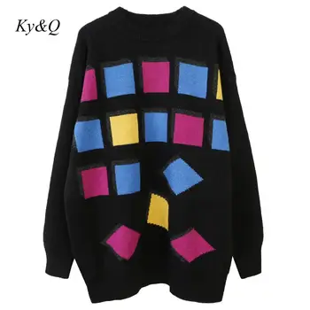 

Brand Design Black Winter Women Jumper Round Collar Plaid Embroidered Casual Loose Mid-Long Pullover Christmas Sweater 2019 New