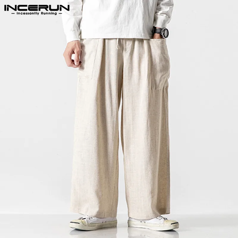 INCERUN Vintage Men Casual Wide Leg Pants Cotton Elastic Waist Pockets Joggers Retro Loose Trousers Men Street Style Long Pants