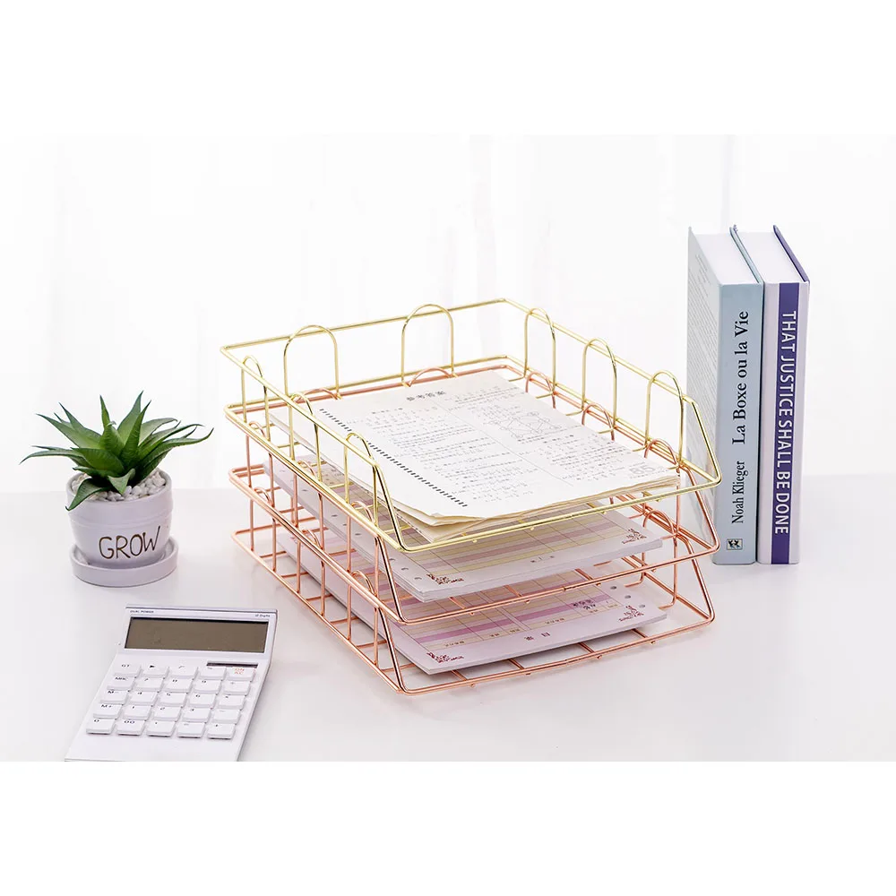 

Gold Metal File Tray Desk Accessorie Magazine Holder Handmade Overlayabl File Office Organizer Layering Paper Storage Paper Tray