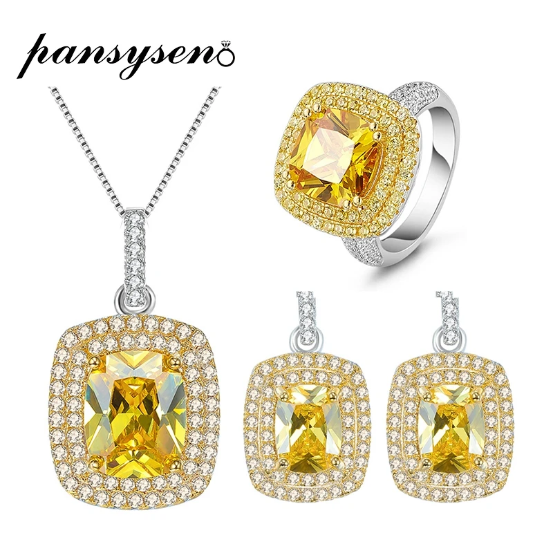 PANSYSEN New Luxury Natural Citrine Gemstone Jewelry Sets 925 sterling silver Necklace Earrings Ring set For Women Party Gifts