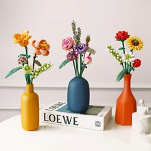 Bloc de construction Bouquet de roses en pot, modèle 3D, plante de décoration pour la maison, fleur chrysanthème, à assembler, brique, jouet pour fille, cadeau pour enfant