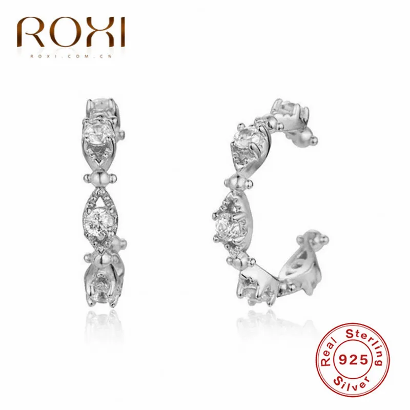 Платиновое покрытие ROXI 925, стелинг, серебряная Ушная манжета, клипсы, серьги для женщин, c-форма, без пирсинга, маленькие серьги, Кристальные, для ушей, обертывание, клипсы для ушей, ювелирные изделия - Окраска металла: Платиновое покрытие