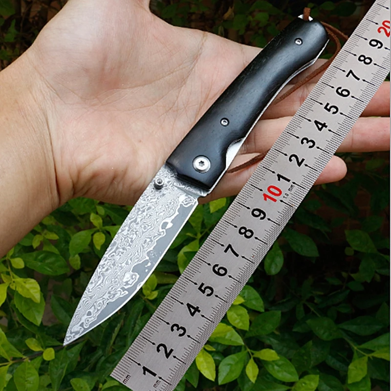 Baratos KESIWO Damasco hoja natural sándalo cuchillo plegable bolsillo supervivencia camping cuchillos de caza herramientas EDC de pesca al aire libre