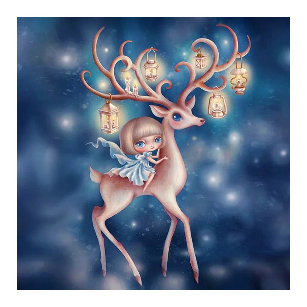 

Little girl on the back of deer Diamond Painting Cartoon Animal Portrait Round Full Drill DIY Mosaic Embroidery 5D Cross Stitch