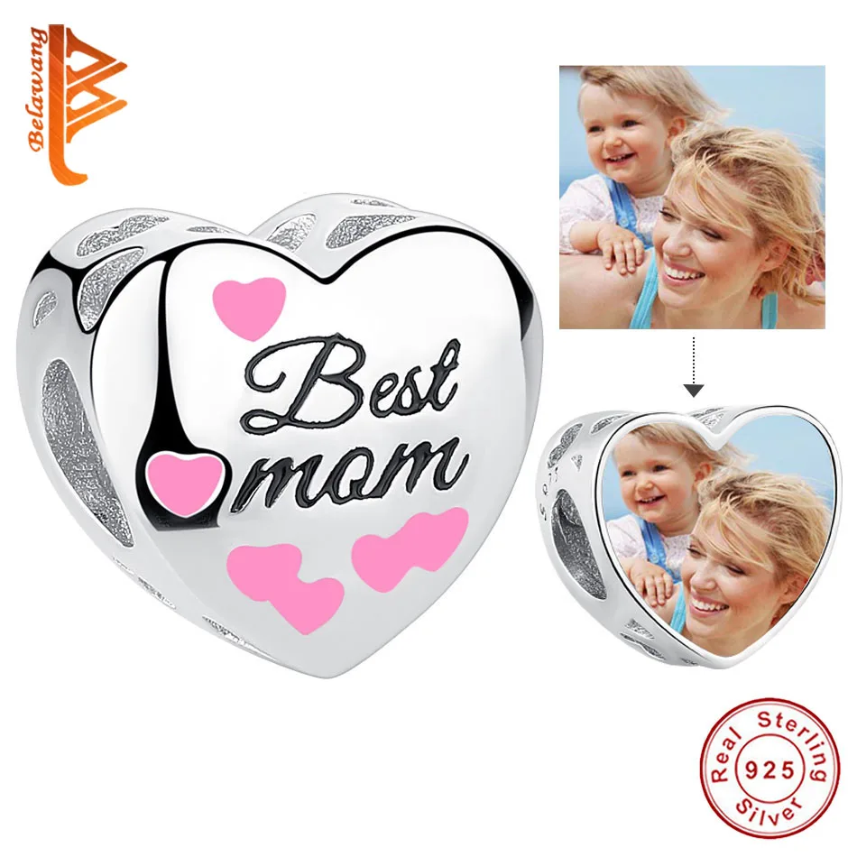 

Free Custom Photo 925 Sterling Silver Charm Pink Enamel Best Mom Heart Bead Fit Bracelet DIY Personalized Jewelry Gift