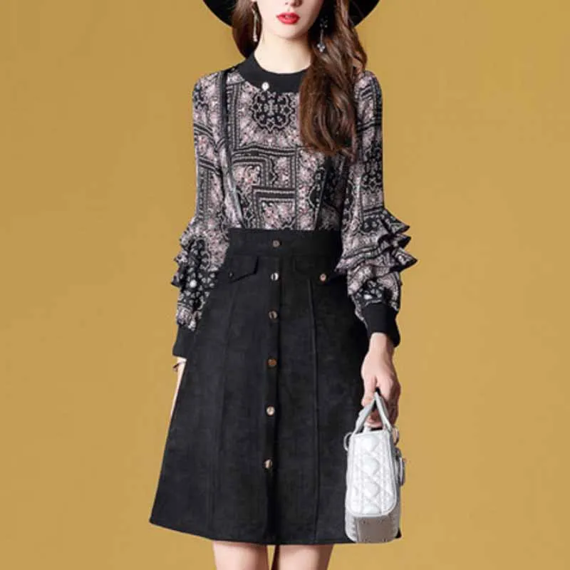 

-2019 New Style Spring Clothing Deerskin Velvet Joint Flounced Sleeves Fake Two-Piece Printed Full Body Dress