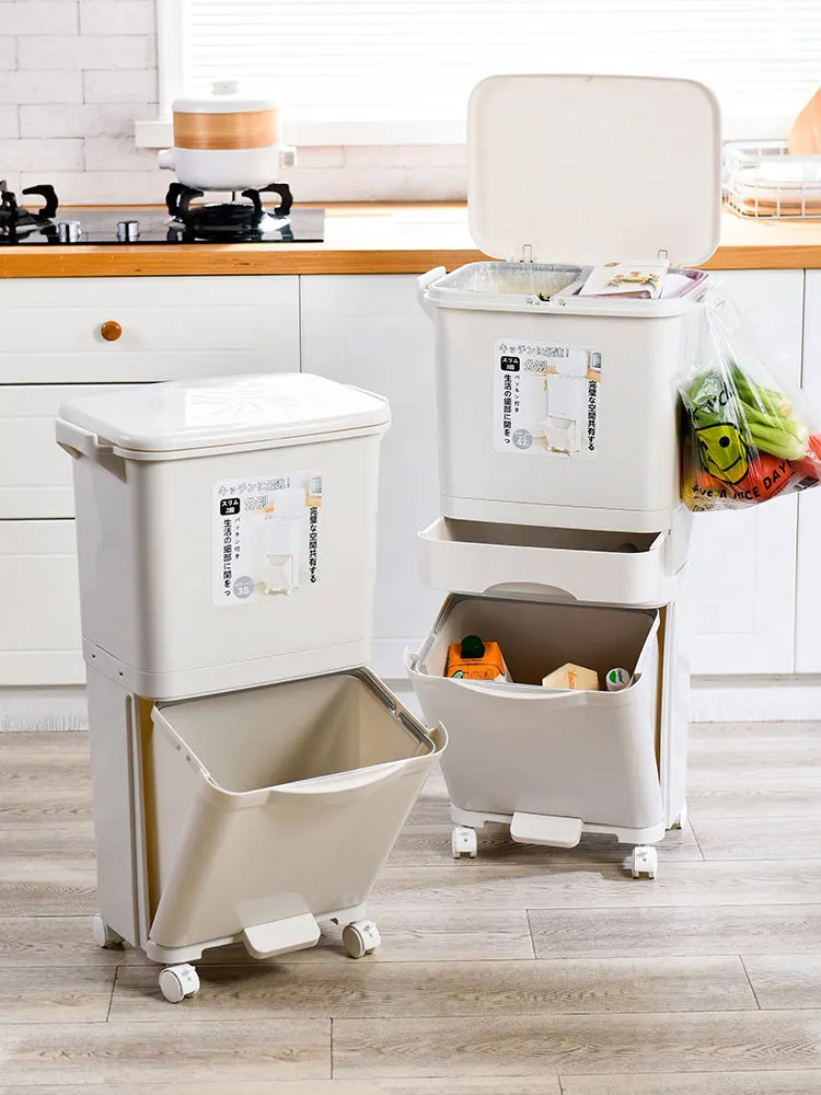 

Second Layer Roller Compartmental Garbage Can Living Room Kitchen Bathroom Wet And Dry Separation Japanese Style Layered Pedal S