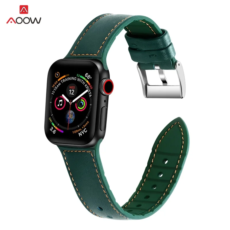 AOOW силиконовый ремешок для часов из натуральной кожи для Apple Watch 38 мм 40 мм 42 мм 44 мм iWatch 1 2 3 4 ремешок на запястье коричневая Серебряная Пряжка