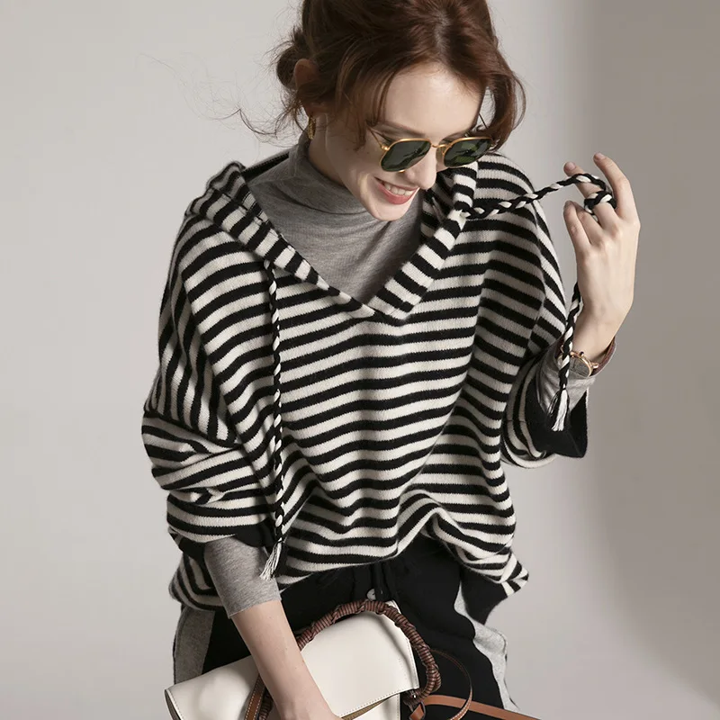  women's black white striped cashmere sweaters pullover long sleeve plus size loose Female hooded kn