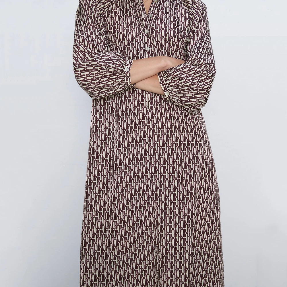 ZA винтажное осеннее длинное платье с принтом для женщин Темперамент круглый воротник шикарный дизайн элегантное Трендовое повседневное Клубное платье