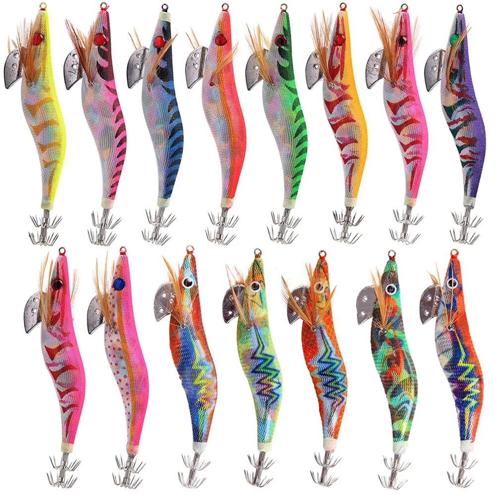 Squid Jig Fishing Lures Custom Unique Multicolor Luminous Tail Wood Shrimp Prawn Squid Lures Artificial Spinner Lures Kit with Squid PrawnTackle Hook for Cuttlefish Octopus 
