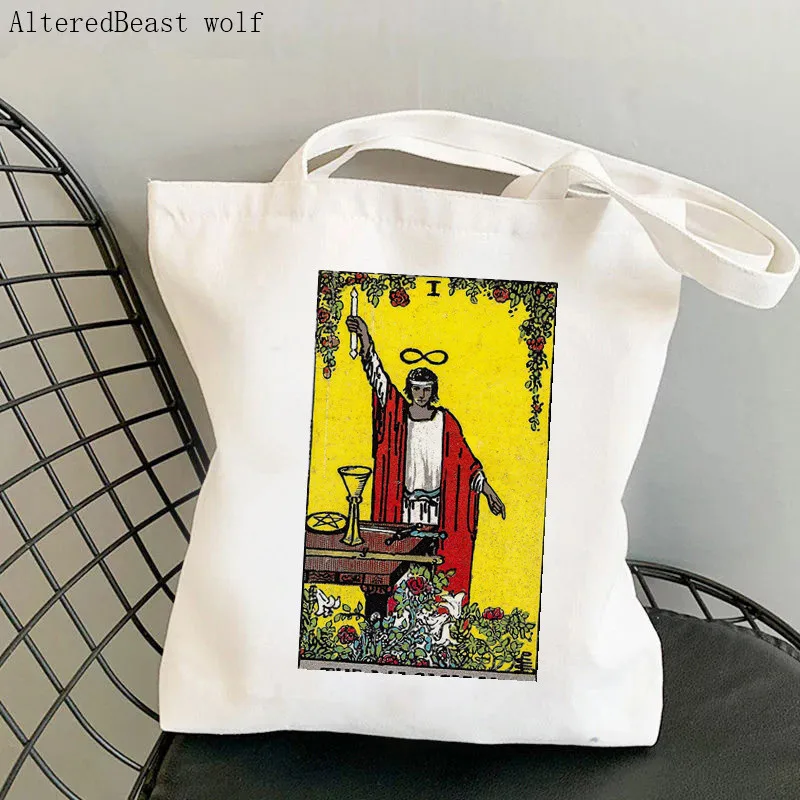Women Shopper bag The Magician Tarot Printed Bag Harajuku Shopping Canvas Shopper Bag girl handbag Tote Shoulder Lady Bag