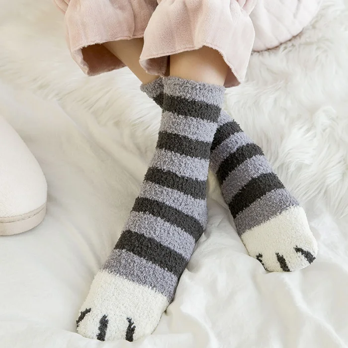 Новые популярные зимние теплые носки с кошачьими лапами Нескользящие теплые домашние носки для женщин и девочек YAA99