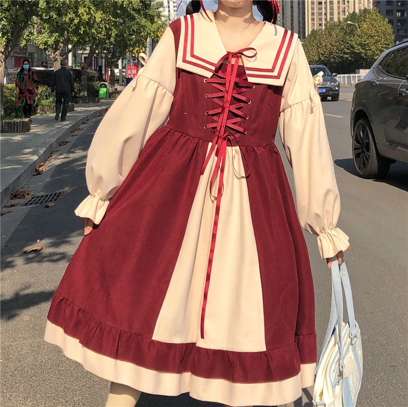 

Japanese Style kawaii clothing sweet lolita dress Sailor Collar Lacing Mid-Length Retro Dress for Women Autumn and Winter