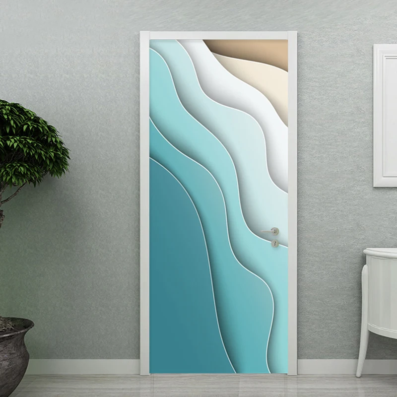 Modern Abstract Door Sticker 3D Geometric Line Mural Wallpaper PVC Self-Adhesive Waterproof Door Poster Home Decor Wall Stickers