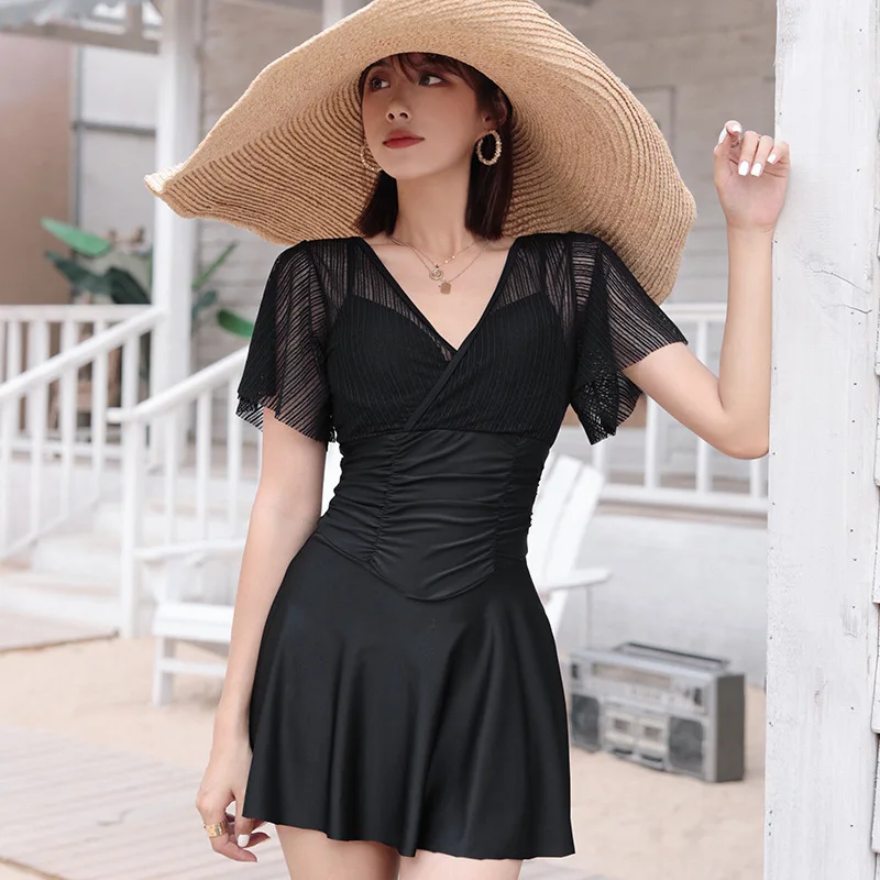 

Swimsuit Piece Swimsuits Swim Rashguard Female Women's Bathing Suits Summer Black Fairy Covering Arm Underwire Push Up Korea Ins