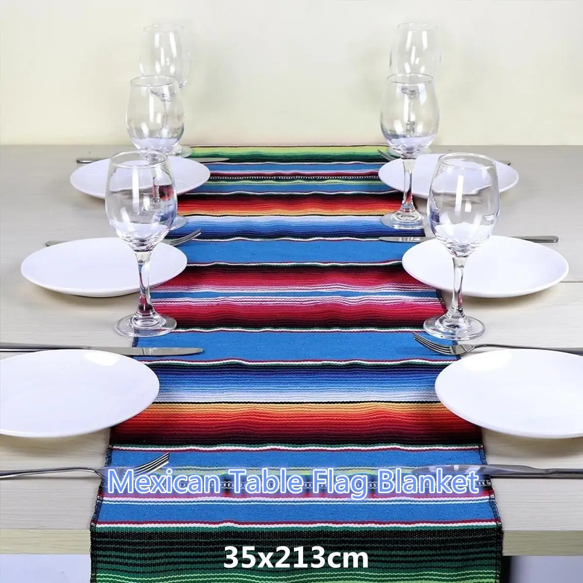 35X213cm Cotton Mexican Table Flag Blanket Rainbow Strip Line Woven