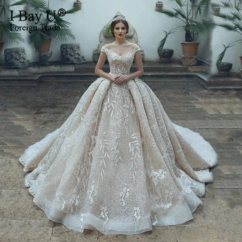 شراءثوب الزفاف العربية الفاخرة قبالة الكتف كامل مطرز الدانتيل زين الحبيب زر العودة قطار طويل فساتين الزفاف