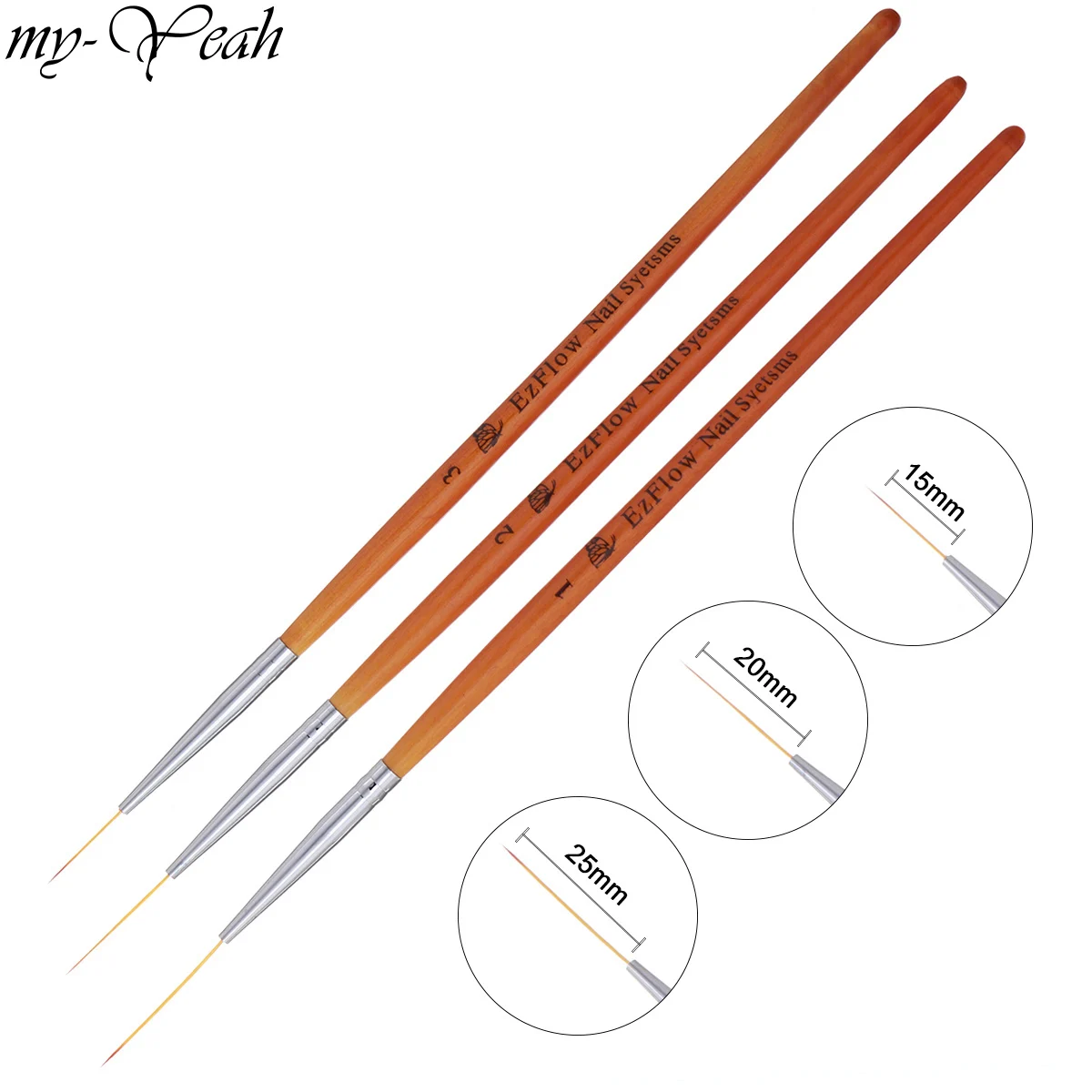 

15/20/25mm 3pcs Nail Art Brush Wooden Handle French Lines Stripe Flower Painting Drawing Liner Pen Manicure Tool
