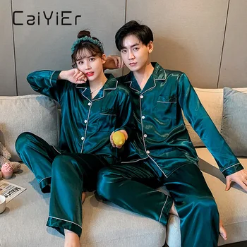 

CAIYIER New Lovers Silk Pajamas Set Solid Long Sleeve Casual Sleepwear Winter Couple Nightwear Men & Women Loungewear M-3XL