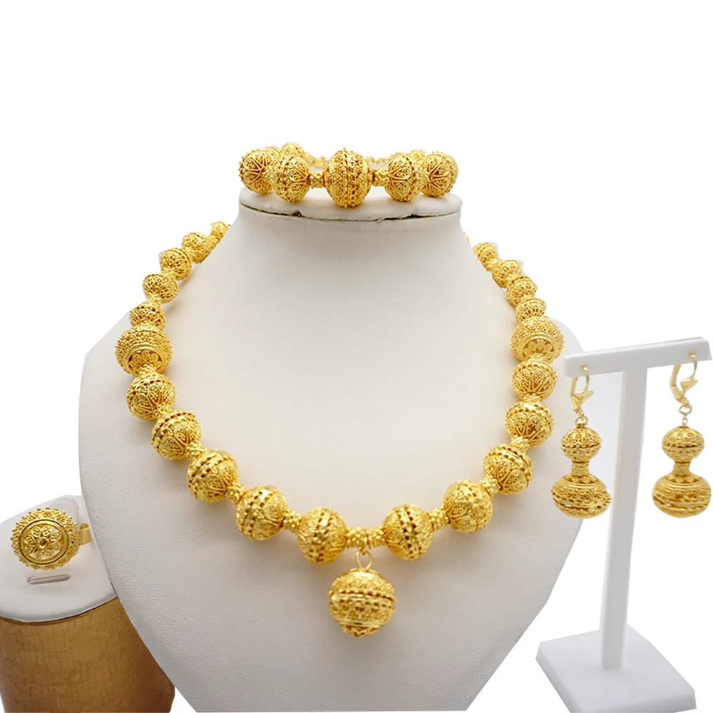 Necklace Sets For Women Dubai African Gold Jewelry Set Bride Earrings Rings Indian Nigerian Wedding Jewelery Set Gift