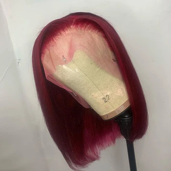 

Red Bob Wig Colored Remy Brazilian T Lace Front Human Hair Wig 8-16 inches Ombre Lace Closure Wig for Black Women Pre Plucked
