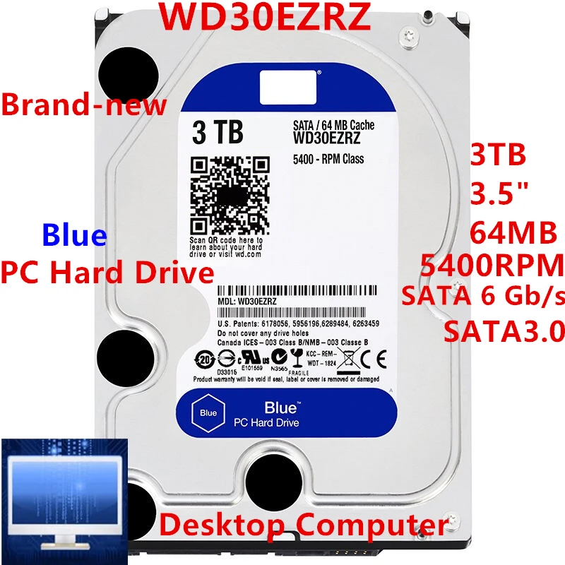 

New Original HDD For WD Brand Blue 3TB 3.5" SATA 6 Gb/s 64MB 5400RPM For Internal Hard Disk For Desktop Hard Drive For WD30EZRZ